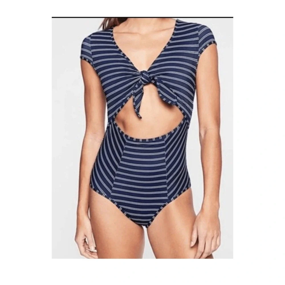 Athleta Swimsuit French Stripe Navy Blue Tie Front Cut Out One Piece Size L